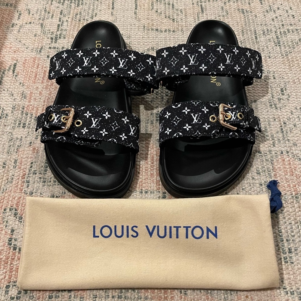 Louis Vuitton Bom Dia Flat Blue Denim Mule Bleu Foncé Size 8.5
